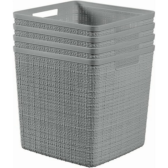 Set of 4 Jute Large Cube Decorative Plastic Organization and Storage Baskets, Perfect Bins for Home Office, Closet Shelves, Kitchen Pantry and All Bedroom Essentials, Grey