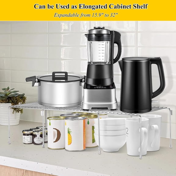 Set of 4 Kitchen Cabinet Organizer Shelves, Stackable Organizer and Storage for Cabinet Cupboard, Expandable Shelf Risers Plate Rack with Anti-Slip Plastic Liner