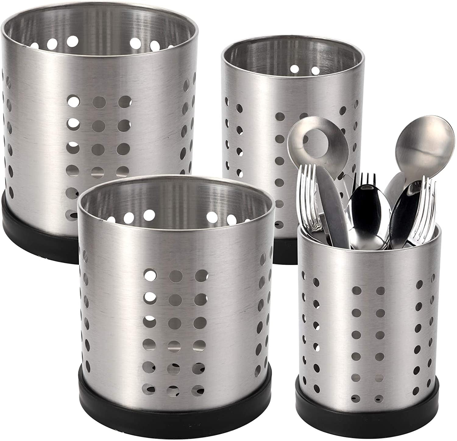 Set of 4 Kitchen Utensil Holder, Stainless Steel Cooking Utensil Organizer Flatware Silverware Holder Drying Rack Cylinder Kitchen Countertop Caddy for Chopstick, Spoon, Fork, Cultery, Straw