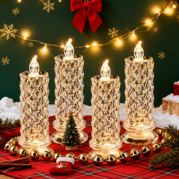 Set of 4 LED Crystal Candle Lights - Romantic Tabletop Night Lights, Flameless LED Candles, Rose Shadow LEDs Flameless Candles, Battery Operated Pillar Candles for Wedding Christmas Decor