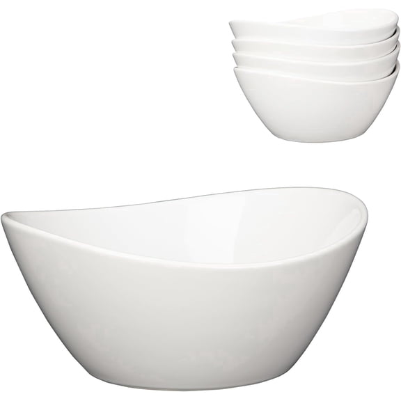 Set of 4 Large 42oz Porcelain Serving Bowls – 8" Oval Ceramic Bowls – Microwave & Dishwasher Safe – Perfect for Cereal, Soup, Salad, Pasta, Desserts – Color: White
