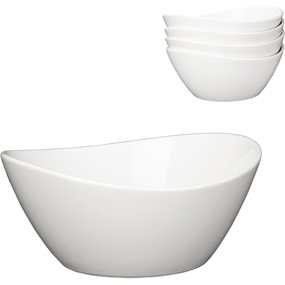 Set of 4 Large 42oz Porcelain Serving Bowls – 8" Oval Ceramic Bowls – Microwave & Dishwasher Safe – Perfect for Cereal, Soup, Salad, Pasta, Desserts – Color: White