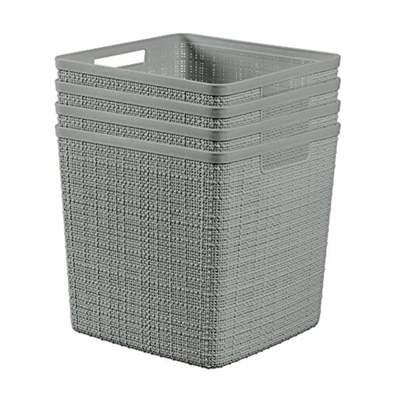 Set of 4 Large Cube 17L Jute Decorative Plastic Organization and Storage Baskets - Perfect Bins for Home Office Closet Shelves Kitchen Pantry and All Bedroom Essentials Grey