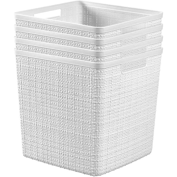 Set of 4 Large Cube 17L Jute Decorative Plastic Organization and Storage Baskets - Perfect Bins for Home Office, Closet Shelves, Kitchen Pantry and All Bedroom Essentials, White