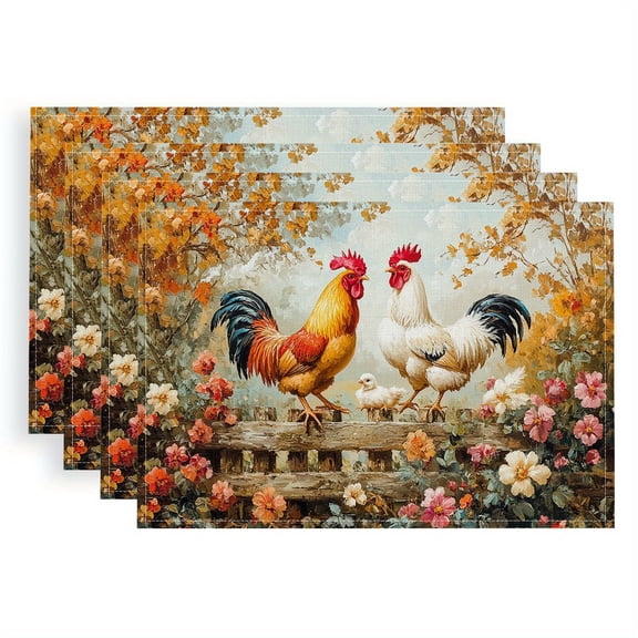 Set of 4 Large Pastoral Pheasant Placemats - Elegant Countryside Chicken & Bird Table s, Digital Print Fabric (Hand Washable), 45x30cm/12"x18" for Holiday Dinner Party, Kitchen & Restaurant Decor