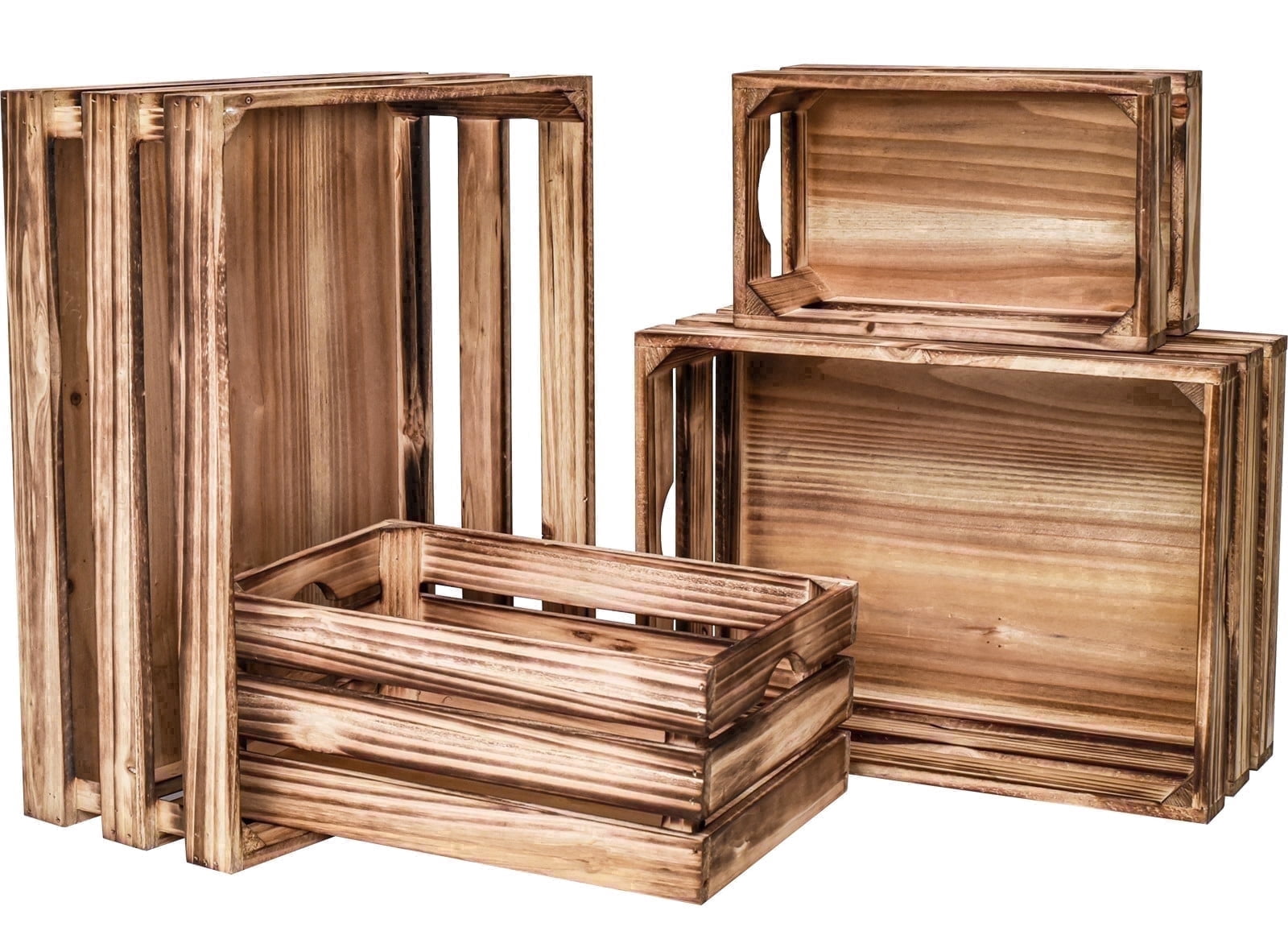 MODE HOME Set of 4 Large Torched Wood Decorative Storage Crates, Nesting Wooden Crates for Display Rustic, Farmhouse Wooden Storage Container Boxes Made from Solid Wood