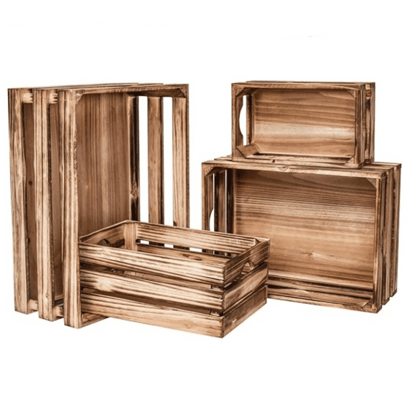 Set of 4 Large Torched Wood Drative Storage Crates, Nesting Wooden Crates for Display Rustic, Farmhouse Wooden Storage Container Boxes Made from 100% Wood