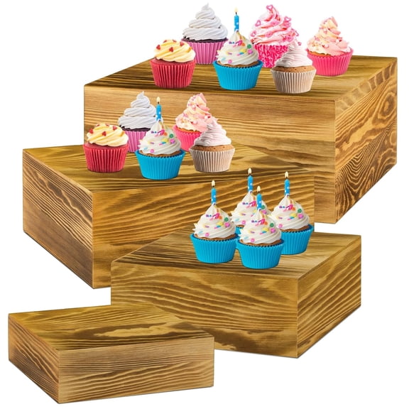 Set of 4 Large Wood Display Risers Size 11.8",10",7.8",6.3",Rustic Cupcake Stand Wood Cake Stands Wooden Display Risers for Table Dessert Wedding(Rustic Brown)