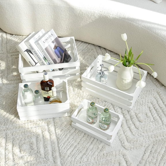 Set of 4 Large Wooden Crates Decorative, Whitewashed Nesting Wooden Crates for Display Rustic, Farmhouse Wooden Storage Container Boxes Made from Wood
