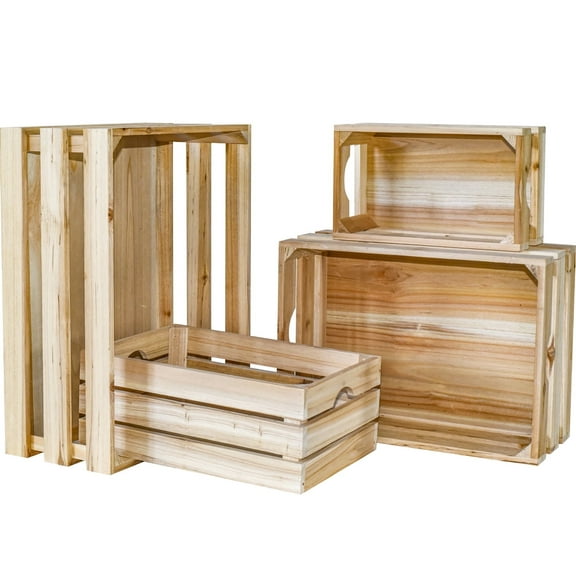 MODE HOME Set of 4 Large Wooden Crates Unfinished Office Storage Crates, Decorative Wood Storage Crates for Display, Rustic Pine Wood Organizer Bin Basket for Kitchen Pantry Bathroom