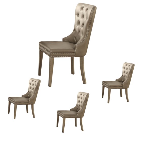 Set of 4 Leather & Champagne Finish Side Chair, Mid Century Kitchen Chairs, Upholstered Accent Chairs, Wooden Desk Chairs for Kitchen Dining Room (Champagne)