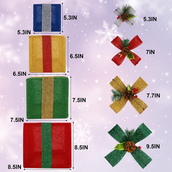 Set of 4  Lighted Gift Boxes Decorations, Pre-lit Tinsel Present Box with Bowknot(Red Green Yellow Blue), Light  Xmas Tree Skirt Ornament, Indoor Outdoor Plug in for Home Holiday Party