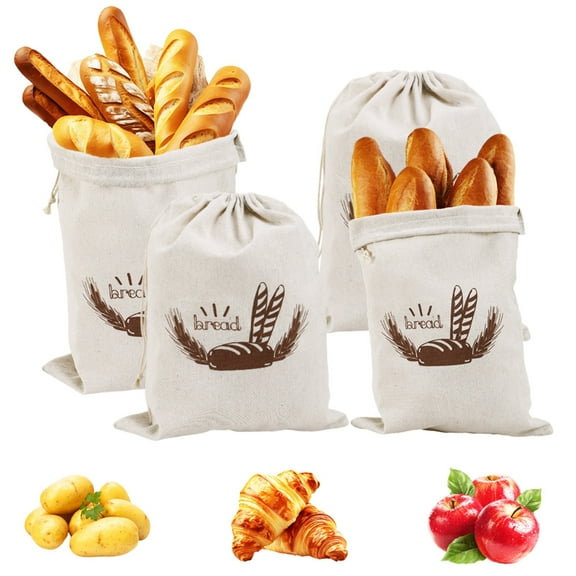 Set of 4 Linen Bread Bags, Bread Bag with Drawstring, Bread Bag Storage Fresh, 25 x 30 cm / 30 x 38 cm, Linen Bag, Reusable Linen Bags for Bread, Baguette, Fruit, Vegetables, 2 Sizes