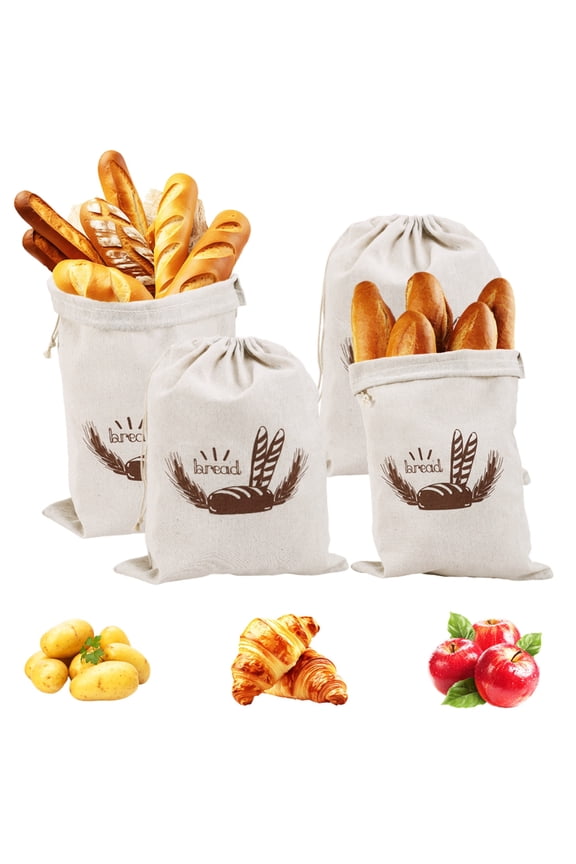 Set of 4 Linen Bread Bags, Bread Bag with Drawstring, Bread Bag Storage Fresh, 25 x 30 cm / 30 x 38 cm, Linen Bag, Reusable Linen Bags for Bread, Baguette, Fruit, Vegetables, 2 Sizes