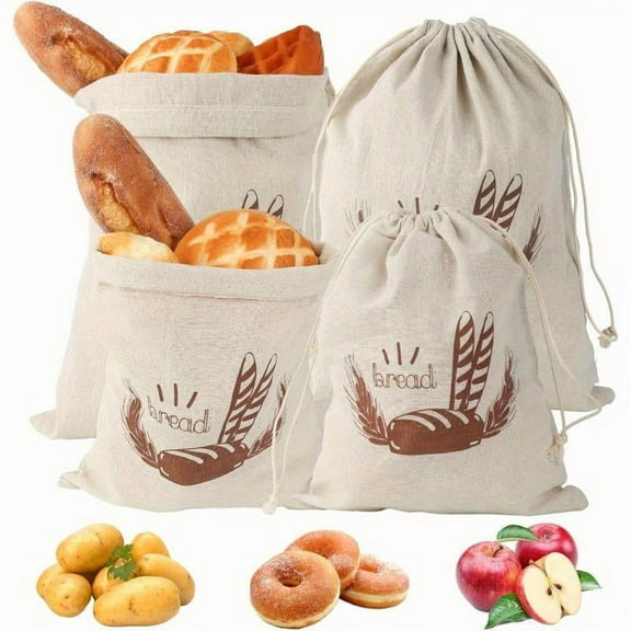 Set of 4 Linen Bread Bags Bread Bag with Drawstring Bread Bag Storage Fresh Linen Bag Reusable Linen Bags for Bread Baguette Fruit Vegetables Leak Proof Drawstring Bag Essential Kitchen Accessory