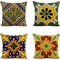 Set of 4 Linen Throw Pillow Cover 18x18 Inch Yellow Moroccan Talavera Blue Color Mexican Home Decor Pillowcase Square Cushion Cover for Sofa Bed Couch