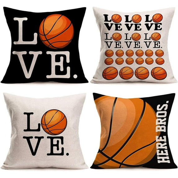 Set of 4 Love Basketball Pillow Cases Cotton Linen Popular Sports Pillow Covers Cushion Case for Home Sofa Decor Pillowcase 18x18 Inch Gifts for Basketball Fans (Love Basketball)