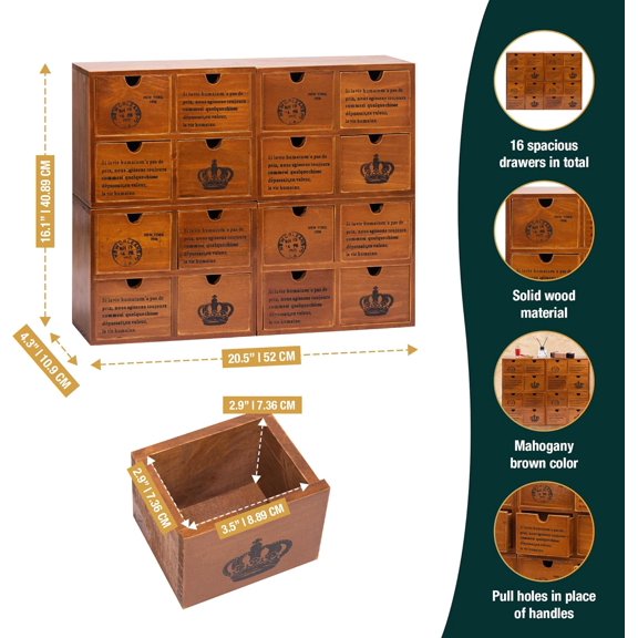 Set of 4 Mahogany Brown Wood Storage Drawers for Desktop - 4-Drawer Stackable Desk Organizers - Vintage Style Office & Study Table Wooden Storage Boxes, Fully Assembled