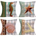 thumbnail image 1 of Set of 4 Marine Life Throw Pillow Covers Vintage Ocean Sea Horse Starfish Conch Pattern Farmhouse Cushion Cover Cotton Linen Outdoor Beach Pillow Cases Decor Sofa Bed 18x18 Inch(Och Set), 1 of 6