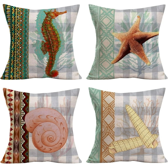 Set of 4 Marine Life Throw Pillow Covers Vintage Ocean Sea Horse Starfish Conch Pattern Farmhouse Cushion Cover Cotton Linen Outdoor Beach Pillow Cases Decor Sofa Bed 18x18 Inch(Och Set)