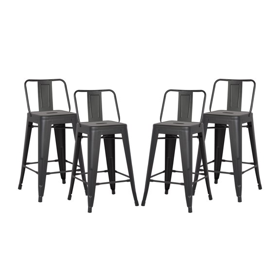 Set of 4 Matte Black 24 Inch Metal Bar Stools with Backrest, Country Rustic Industrial Counter Height Bar Chairs, Lightweight Sturdy Anti-Slip Kitchen Island Bar Stools Easy Assembly