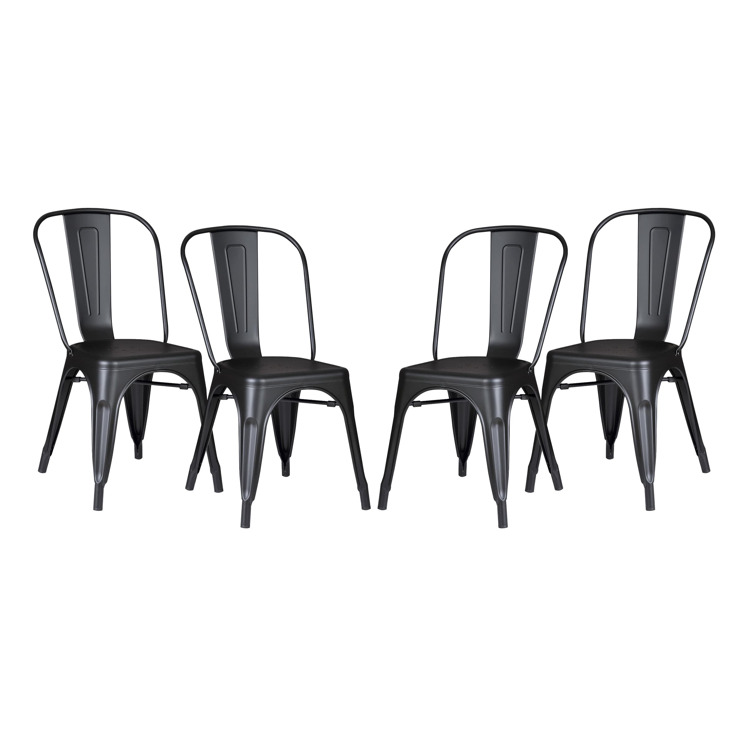 Set of 4 Matte Black Stackable Metal Dining Chairs, Modern Industrial Vertical Slat Back Armless Chairs with Cross Brace Support, Lightweight Portable Chairs for Kitchen Dining Room Bar Cafe