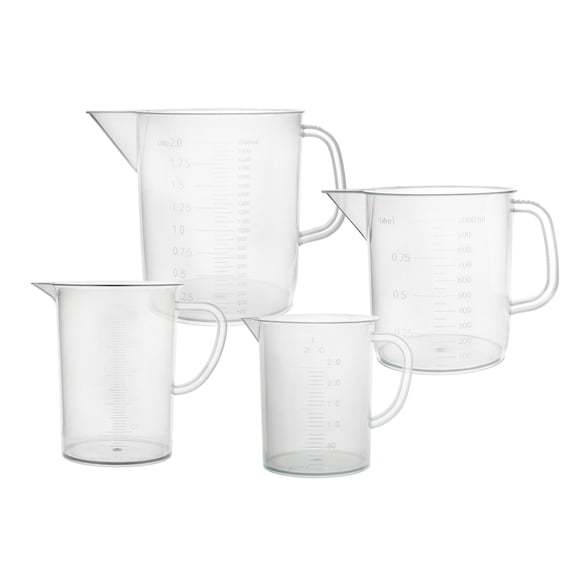 Set of 4 Measuring Jugs, 250ml, 500ml, 1000ml & 2000ml - Polypropylene Plastic - Raised Graduations - Chemical Resistant, Autoclavable - Handle for Convenient Lifting - Eisco Labs