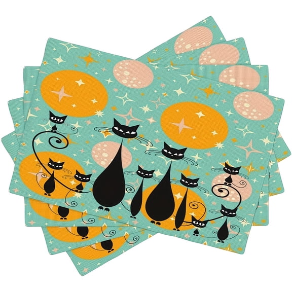Set of 4 Medieval Black Cat Placemats Featuring a Vintage Naughty Cat Design with Abstract Geometric Atomic Starburst, Perfect for Home, Kitchen, Restaurant