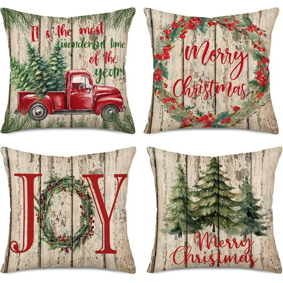 Set of 4 Merry Christmas Throw Pillow Covers Vintage Wood Backdrop with Red Truck Pickup Pine Tree Xmas Flower Wreath Pillow Cases Cotton Linen Winter Farmhouse Decorative Cushion Cover 18x18