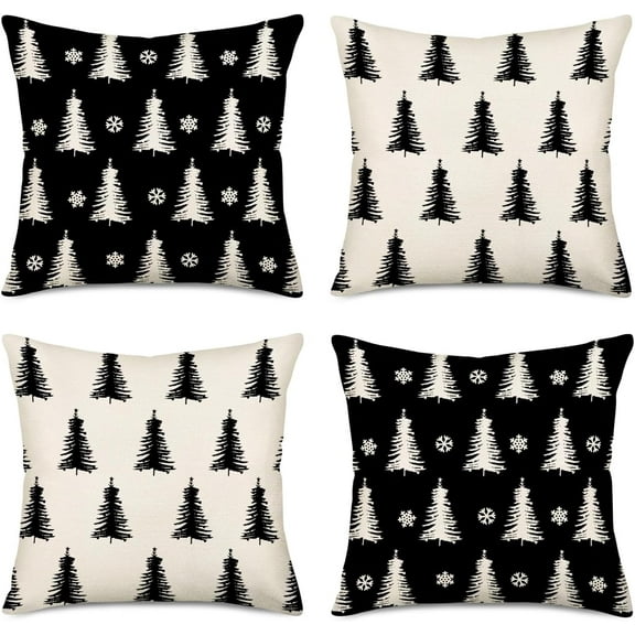 Set of 4 Merry Christmas Trees Black White Snowflake Throw Pillow Covers Winter Xmas Square Decorative Pillow Cases Cushion Cover Outdoor Decorations Sofa Cotton Linen 18x18 Inch
