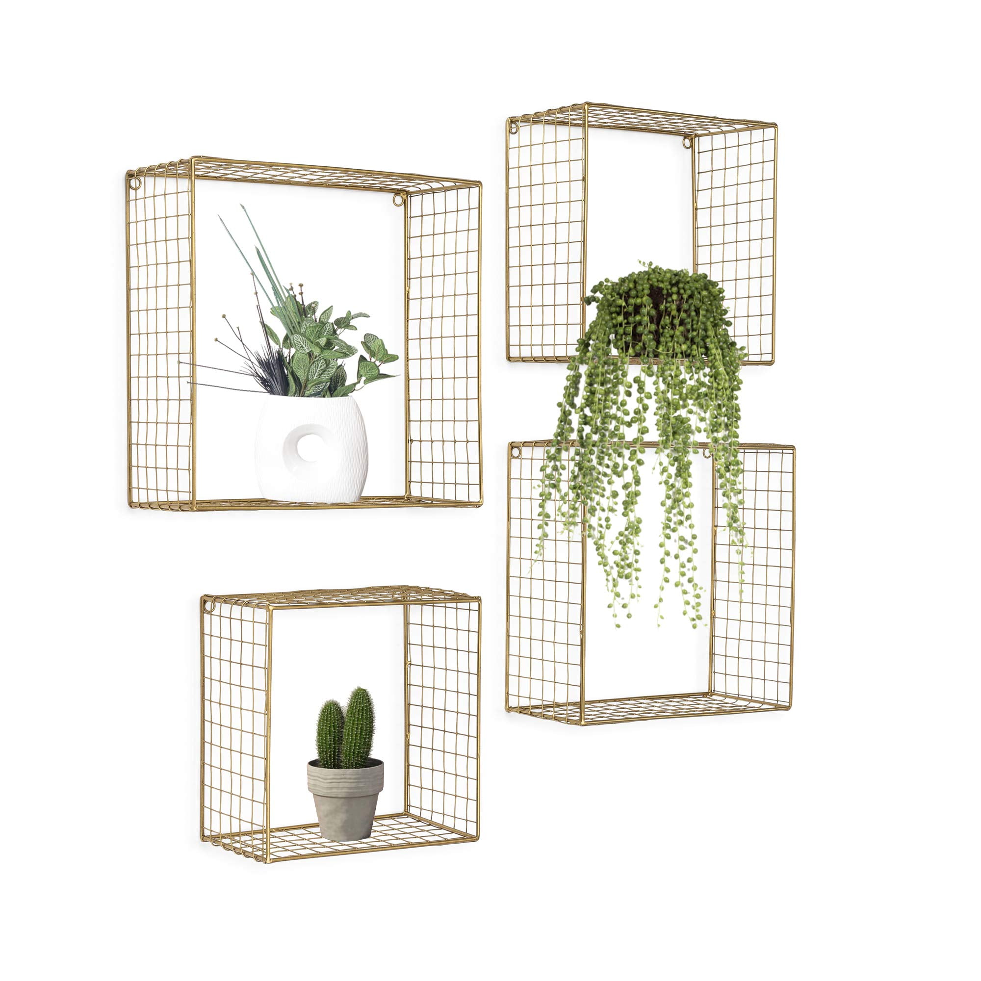 Set of 4 Metal Gold Wall Shelves, Decorative Wire Large Square Shelf, Free Floating Mesh Shelves, Industrial Style Deep Shelving, 14, 12, 11, 9 Inch Long