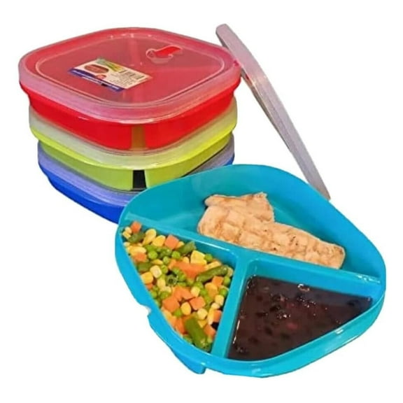 Set of 4 - Microwave Food Storage Containers, Lunch Boxes - 3 Section / Compartment Divided Plates w/ Vented Lid and 1 BAMD Kitchen Conversion Magnet, 41965n