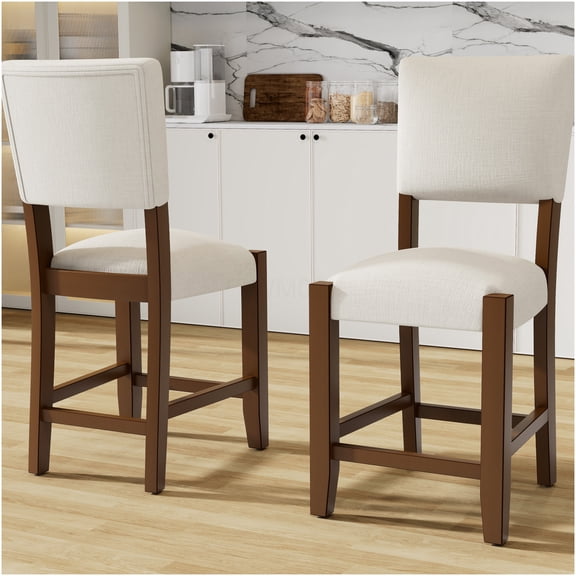 Set of 4 Mid-Century Modern Counter Bar Stools with Backrest, 40.4" Kitchen Island Dining Chairs in Soft Linen Upholstery and Solid Rubber Wood Legs, Off-White Seating