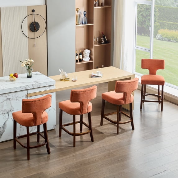Set of 4 Mid Century Modern Counter Height Bar Stools, Farmhouse Linen Fabric Upholstered Accent Chair Curved Backrest with Copper Nails around,Kitchen Chairs with Hardwood Frame (Orange)