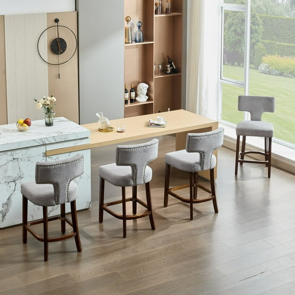 Set of 4 Mid Century Modern Counter Height Bar Stools, Farmhouse Linen Fabric Upholstered Accent Chair Curved Backrest with Copper Nails around,Kitchen Chairs with Hardwood Frame (Gray)