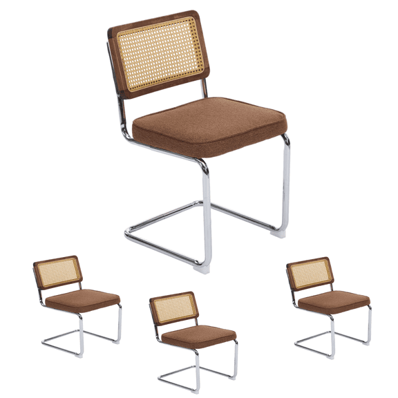 Set of 4 Mid Century Modern Dining Chairs, Velvet Accent Chairs with Natural Cane Back & Stainless Chrome Base, Famous Breuer Designed Chairs, Upholstered Rattan Kitchen Chairs (Coffee)