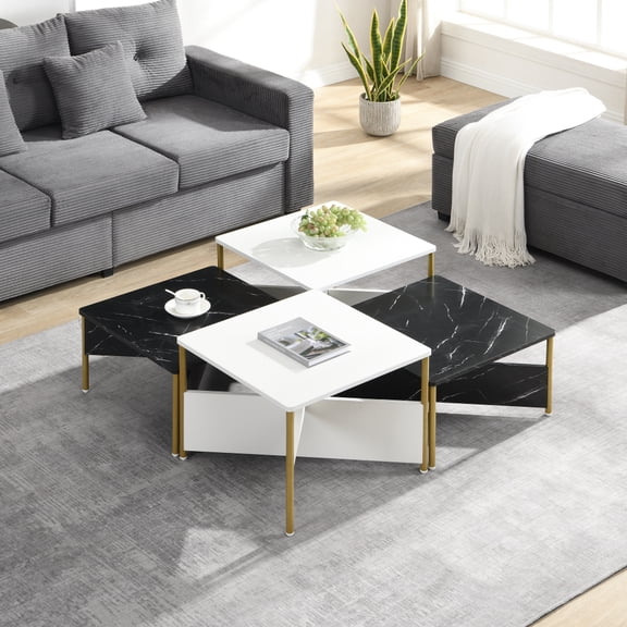 Set of 4 Mid Century Modern Square Nesting Coffee Tables, Black & White Marble-Effect Accent Tables with Gold Metal Legs, Freely Combinable Multi-Shape Versatile Living Room Furniture