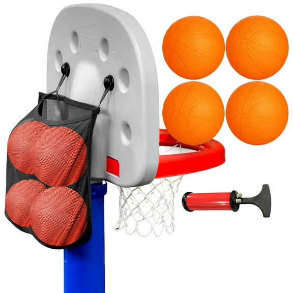 Set of 4 Mini Basketballs with Storage Net, Designed for Little Tikes Basketball Hoop (Backboard Mounted) Indoor/Outdoor Use for Kids, 7 Inflatable Toy Balls with Hand Pump