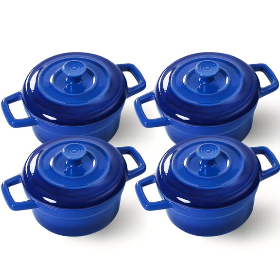 Set of 4 Mini Cocotte - 12Oz Ceramic Casserole Dishes - Kitchen Casserole Sets Featuring Handles And Lids - Small Baking Ramekins - Safe for Oven, Microwave & Dishwasher - Red