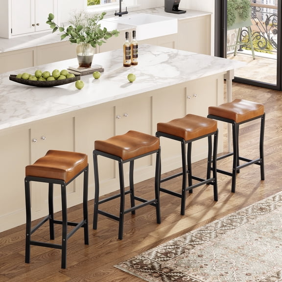 Set of 4 Modern 26 Inch Counter Height Saddle Bar Chairs – Thick Padded Faux Leather Seat – Sturdy Black Steel Frame with Footrest – Ideal for Kitchen Island or Dining Room, Brown