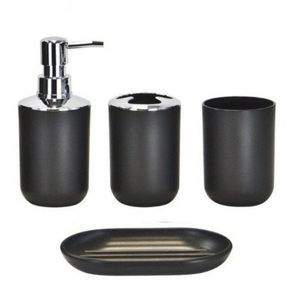 Set of 4 Modern Black Bathroom Accessories,Include Plastic Mouthwash Cup,Resin Soap Dish,Lotion Dispenser,Toothbrush Stand Holder,Bathroom Toiletries Kit,for Home Travel Use