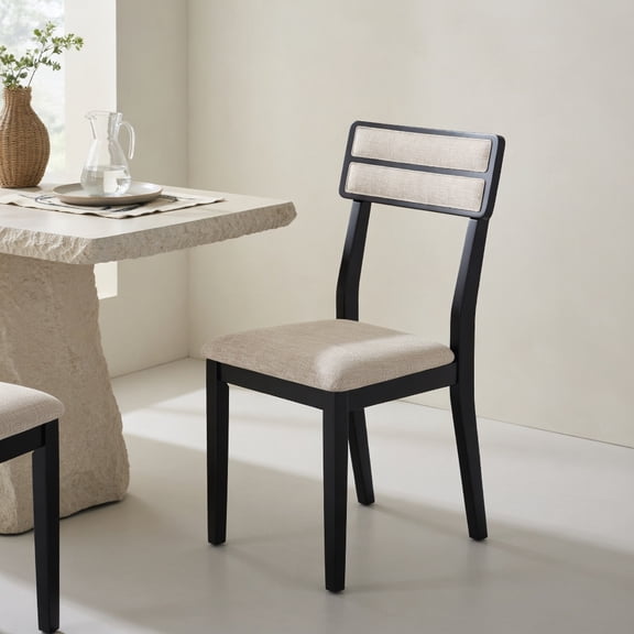 Set of 4 Modern Dining Chairs with Ergonomic Tilt Backrest  Beige & Black Fabric on Rubber Wood Frame  Stylish, Sturdy & Comfortable for Dining Room, Kitchen or Living Room