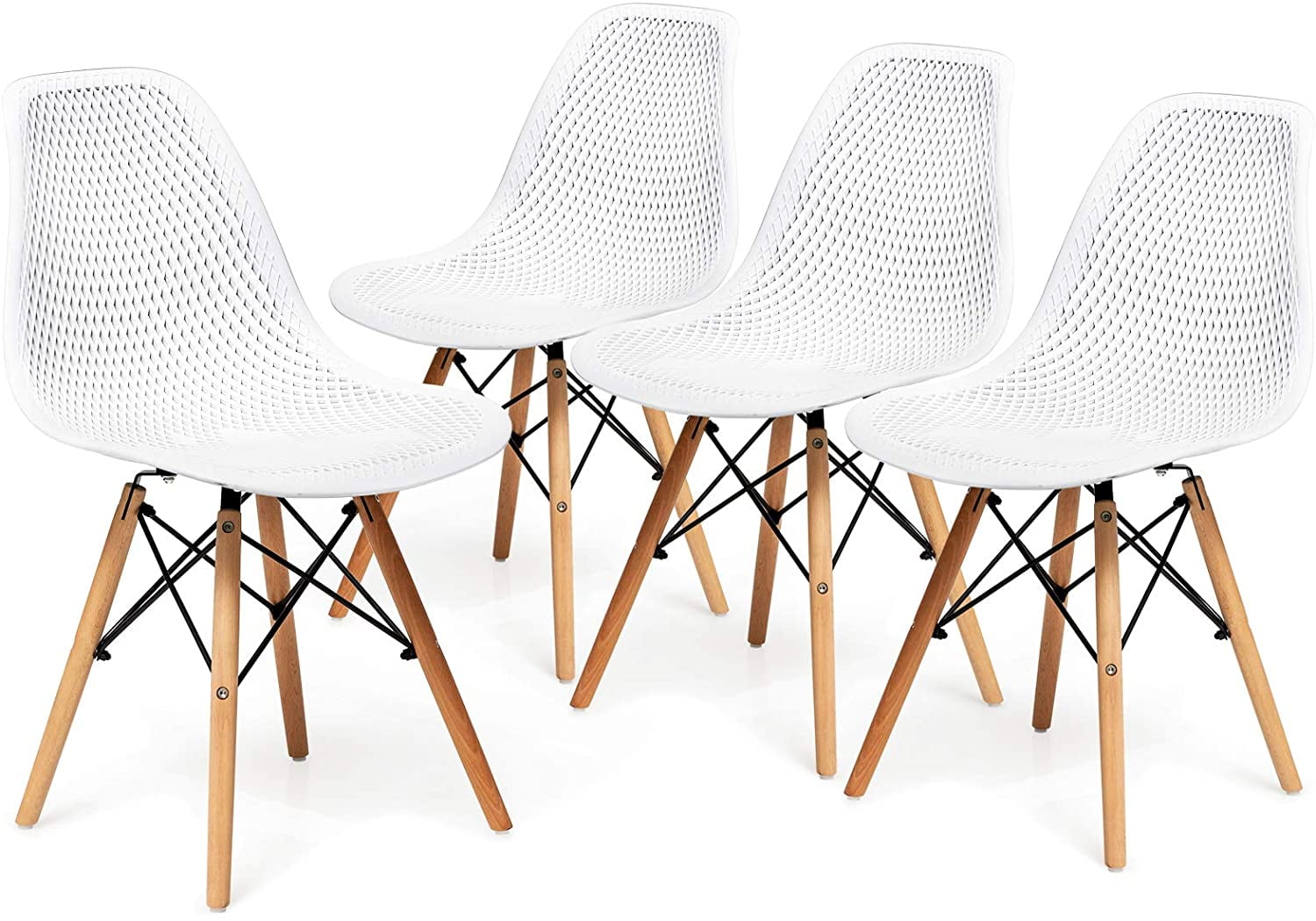White Plastic Hollow Out Side Chair with Wood Legs, Set of 4