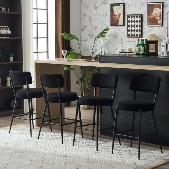 Set of 4 Modern Teddy Fabric Bar Stools, Metal Base Upholstered High Stool, Stylish and Comfortable Island Seatingwith Black Legs for Kitchen/Dining/Living Room, Black