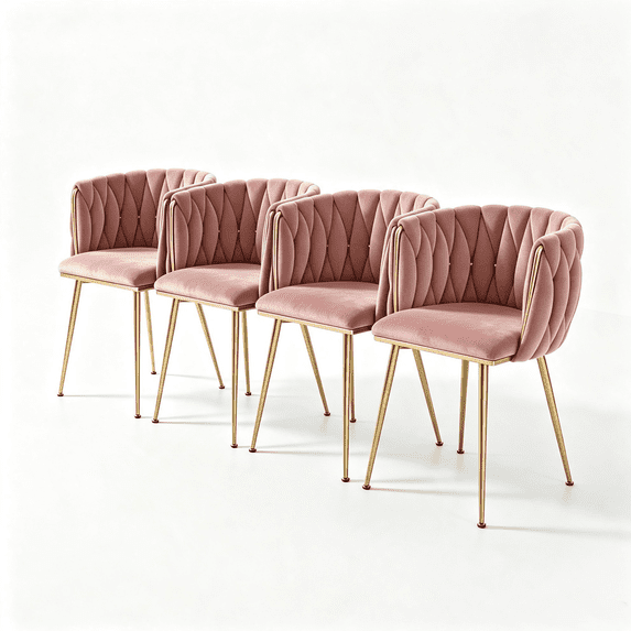 Set of 4 Modern Velvet Dining Chairs, Upholstered Woven Dining Chair with Golden Metal Legs, Upholstered Dining Chairs for Dining Room, Kitchen, Vanity, Living Room(Pink)