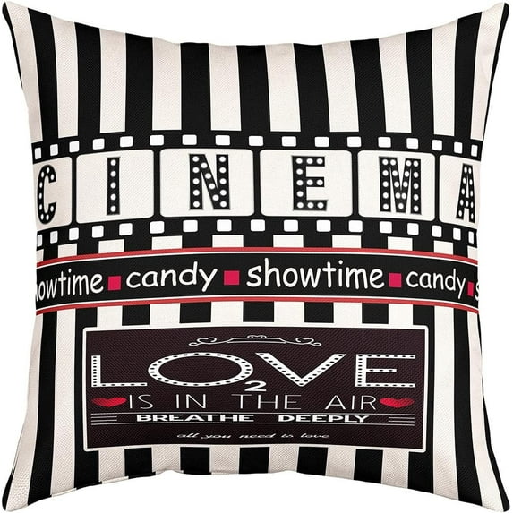 Set of 4 Movie Theater Throw Pillow Covers, Cinema Poster Design Cushion Case for Home Living Room Decor, Reversible Popcorn Vintage Old Fashion Decorative Throw Cushion Case, 16x16 Inches
