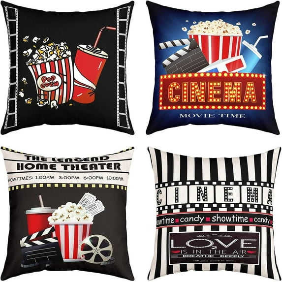 Set of 4 Movie Theater Throw Pillow Covers, Cinema Poster Design Cushion Case for Home Living Room Decor, Reversible Popcorn Vintage Old Fashion Decorative Throw Cushion Case, 18x18 Inches