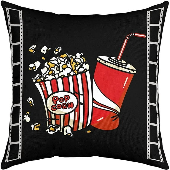 Set of 4 Movie Theater Throw Pillow Covers, Cinema Poster Director Cushion Case for Home Living Room Decor, Reversible Popcorn Vintage Old Fashion Decorative Throw Cushion Case, 20x20 Inches