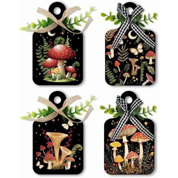 Set of 4 Mushroom Kitchen Wall Decor Magic Mushroom Wood Sign Night Moon Star Hanging Dining Sign Decoration Farmhouse Signs with Hemp Rope for Home Kitchen Bar Cafe 5.9x3.5inch Black for making