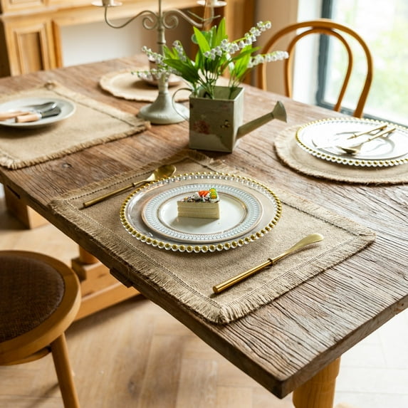 Set of 4 Natural Jute Placemat 30×45 CM, Burlap Table Mat with Lace Edge, Eco-Friendly Heat Resistant Dining Table Protector, Rustic Farmhouse Table Décor